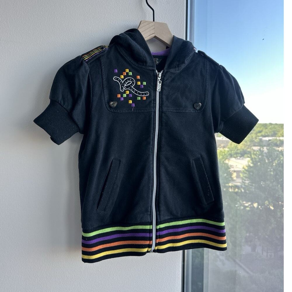 ROCAWEAR Girls size L Black Hooded Zip Fleece Jacket Short Sleeve Embroidered